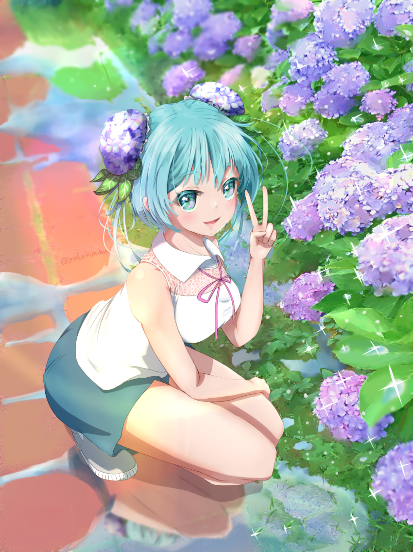1girl blue_eyes blue_hair double_bun female_focus flower from_above hair_bun hatsune_miku hatsune_miku_(vocaloid4)_(chinese) highres hydrangea looking_at_viewer looking_up puddle reflection solo squatting thighs twintails vocaloid yu-ame