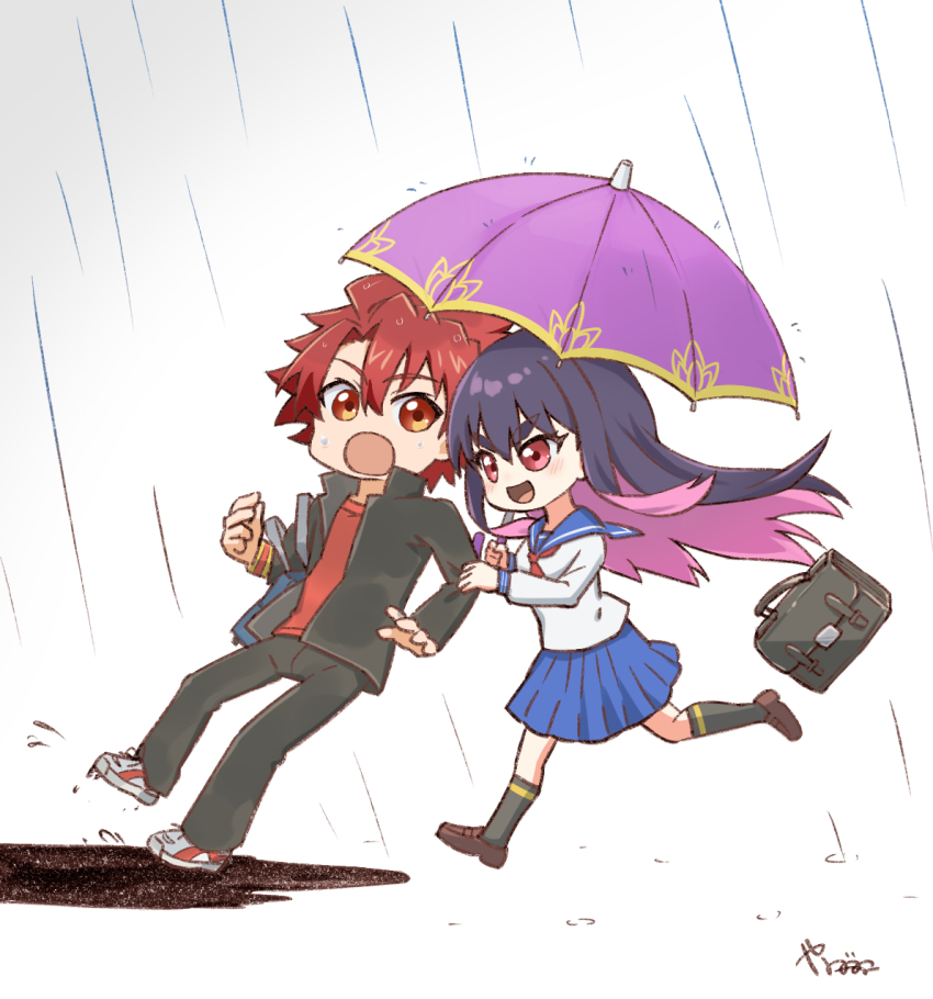 1boy 1girl asagaki_toogo black_hair black_jacket black_pants blue_skirt chibi highres holding holding_umbrella idola_avorn jacket long_hair pants pleated_skirt purple_eyes purple_hair rain red_eyes red_hair red_shirt sentai_red_ga_isekai_de_boukensha_ni_naru shirt short_hair simple_background skirt umbrella white_background white_shirt yanagimachi