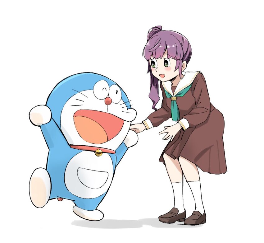 1boy 1girl aqua_neckerchief brown_dress brown_shoes doraemon doraemon_(character) dress fujiko_f_fujio_(style) full_body green_eyes hasu_no_sora_school_uniform kneehighs leaning_forward link!_like!_love_live! loafers long_hair long_sleeves love_live! neckerchief open_mouth otomune_kozue purple_hair sansensui school_uniform shoes side_ponytail socks white_background white_socks winter_uniform