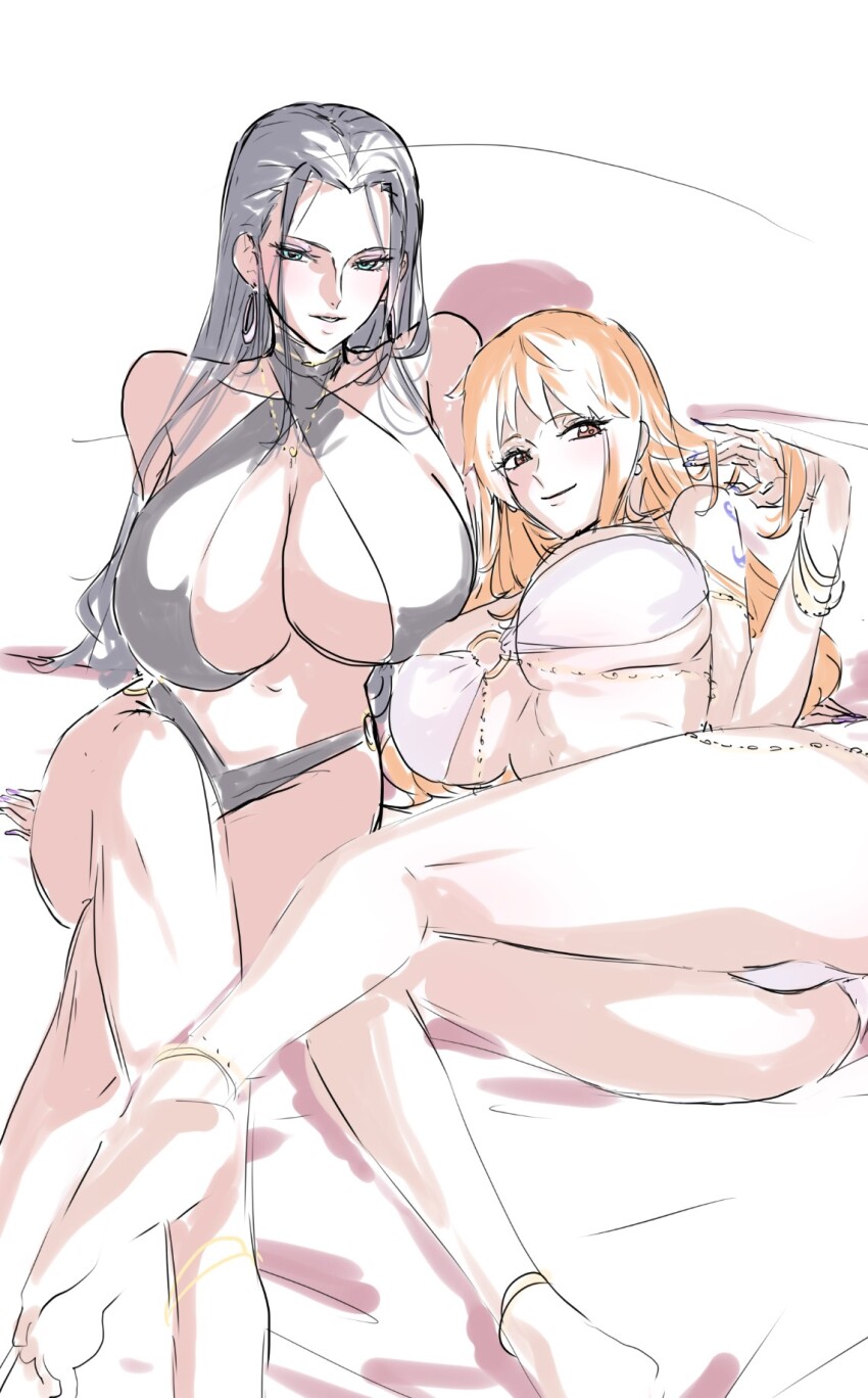 2girls bangle bare_shoulders barefoot bikini black_bikini black_hair blue_eyes bracelet breasts brown_eyes closed_mouth commentary_request criss-cross_halter crossed_legs earrings feet_out_of_frame halterneck highres jewelry large_breasts long_hair looking_at_viewer lying mogi_yasunobu multiple_girls nami_(one_piece) navel nico_robin o-ring o-ring_bikini on_side one_piece orange_hair parted_bangs parted_lips pearl_earrings pillow shoulder_tattoo sitting sketch smile stomach swimsuit tattoo wavy_hair white_bikini