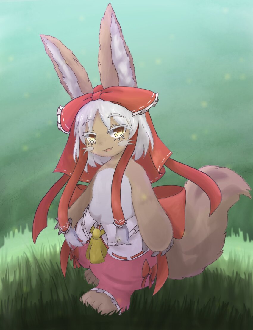 1other androgynous bow commentary_request cookie_(touhou) cosplay full_body furry grass green_background hair_bow hakurei_reimu hakurei_reimu_(cosplay) highres horizontal_pupils looking_at_viewer made_in_abyss nanachi_(made_in_abyss) nanariku open_mouth pink_shorts red_bow sananana_(cookie) sananana_(cookie)_(cosplay) short_hair shorts smile solo standing topless_other touhou white_hair yellow_eyes