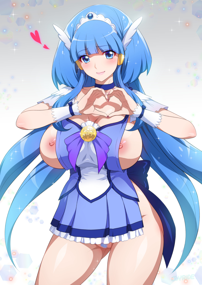 1girl apron blue_eyes blue_hair blunt_bangs blush breasts cleavage closed_mouth commentary_request convenient_censoring cure_beauty grey_background heart heart_hands highres huge_breasts joy_ride large_breasts long_hair naked_apron nipples petals precure purple_apron sidelocks simple_background smile smile_precure! solo standing very_long_hair winged_hair_ornament wrist_cuffs