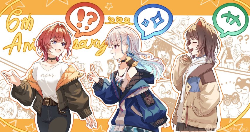 6+girls :d ^_^ ange_katrina ange_katrina_(1st_costume) ange_katrina_(5th_costume) animal animal_ears animal_on_shoulder anniversary armpit_crease banken_(inui_toko) bare_shoulders belt bird bird_on_shoulder black_choker black_jacket blue_eyes blue_hair blue_jacket blue_nails blunt_bangs breasts brown_belt brown_hair brown_jacket bug butterfly choker closed_eyes collarbone colored_inner_hair commentary_request cowboy_shot denim dog_ears earrings elegia&#039;s_minion elegia_(page_of_lambda) english_text fanged_bangs gold_earrings grey_pants grey_skirt hair_intakes hand_in_pocket hand_up highres hood hood_down hoodie index_finger_raised insect inui_toko inui_toko_(8th_costume) jacket jeans jewelry laki_(page_of_lambda) laughing light_blush lize_helesta lize_helesta_(1st_costume) lize_helesta_(8th_costume) long_hair long_sleeves looking_ahead looking_at_another looking_back medium_hair miniskirt monochrome_background multicolored_hair multiple_girls nail_polish nijisanji number_glasses off_shoulder open_mouth orange_background orange_jacket orange_outline outline page_of_lambda pants pendant_choker pleated_skirt purple_eyes quilted_jacket red_hair ruru_yui_joji sanbaka_(nijisanji) shirt shirt_tucked_in skirt sleeves_past_wrists small_breasts smile streaked_hair t-shirt tank_top triangle_earrings twitter_username two-sided_fabric two-sided_jacket two-tone_hair two_side_up virtual_youtuber white_background white_hair white_hoodie white_outline white_shirt white_tank_top wolf_cut