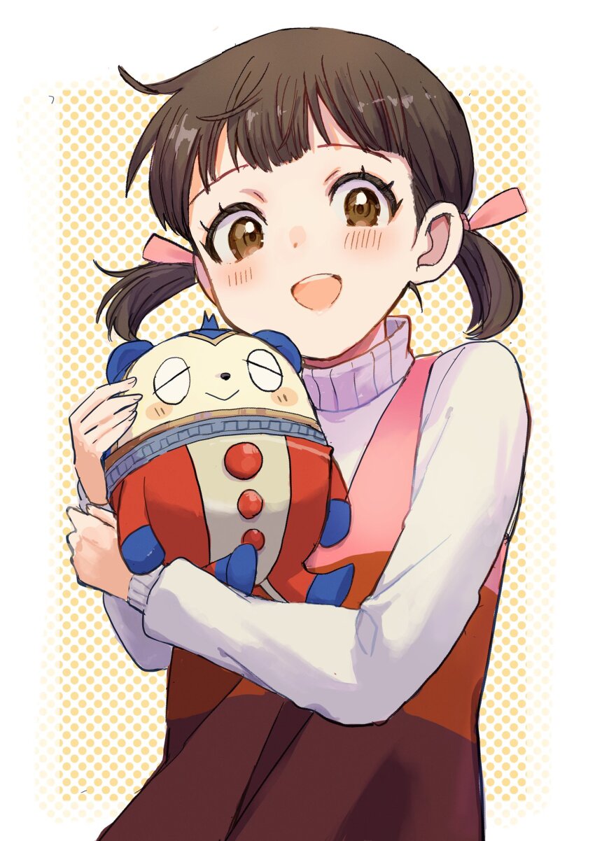 1girl blunt_bangs blush blush_stickers border bow brown_eyes brown_hair child commentary_request doujima_nanako dress hair_bow highres holding kanna_nijiniji kuma_(persona_4) long_sleeves looking_at_viewer medium_hair multicolored_dress open_mouth persona persona_4 pink_bow pink_dress polka_dot polka_dot_background sweater teeth turtleneck turtleneck_sweater twintails upper_body upper_teeth_only white_border white_sweater
