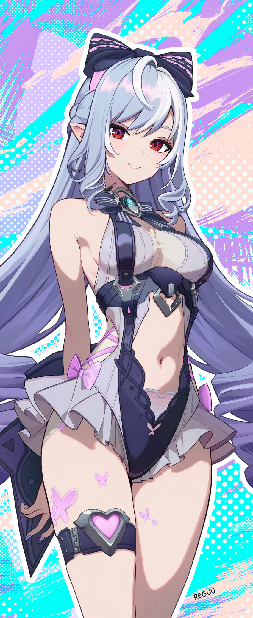 1girl absurdres armpit_crease arms_behind_back black_bow bow breasts clothing_cutout grey_hair grey_nails grey_one-piece_swimsuit hair_between_eyes highres holding light_blush long_hair looking_at_viewer medium_breasts mole mole_under_eye navel navel_cutout official_alternate_costume official_alternate_hairstyle one-piece_swimsuit open_mouth pointy_ears red_eyes rswifhand smile solo stomach swimsuit thigh_strap very_long_hair vivian_banshee vivian_banshee_(iris_of_the_shore) zenless_zone_zero