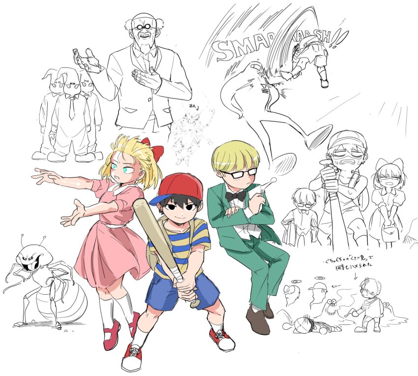 1girl 6+boys arms_up attack bangs_pinned_back baseball_bat baseball_cap black_bow black_bowtie blonde_hair blue_eyes blue_shirt blue_shorts bored bow bowl_cut bowtie braid brown_footwear clenched_hands collarbone commentary crown_braid defeat dress dress_shoes energy_gun exhausted floating formal_clothes full_body gameplay_mechanics glasses green_pants green_suit gun hair_between_eyes halo hand_on_own_hip happy_happyist hat highres holding holding_baseball_bat holding_gun holding_weapon japanese_text jeff_andonuts jitome juliet_sleeves light_smile long_sleeves looking_at_viewer mini_barf_(mother) monochrome mother_(series) mother_2 mr._carpainter multiple_boys nasu_(ilo_a5) necktie ness_(mother_2) nintendo opaque_glasses open_mouth outstretched_arms pants partially_colored paula_(mother_2) pink_dress puffy_sleeves red_footwear red_hat shirt shoes short_hair short_sleeves shorts smell sneakers socks spread_arms standing starman_(mother) striped_clothes suit tareme titanic_ant_(mother) two-tone_shirt undershirt weapon yellow_shirt