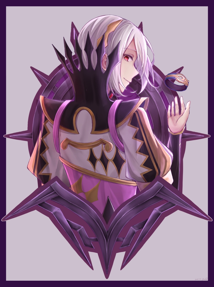 1boy absurdres armored_collar dragon_boy fire_emblem fire_emblem_engage highres looking_at_viewer looking_back male_focus nintendo rafal_(fire_emblem) red_eyes shi-on smile solo white_hair