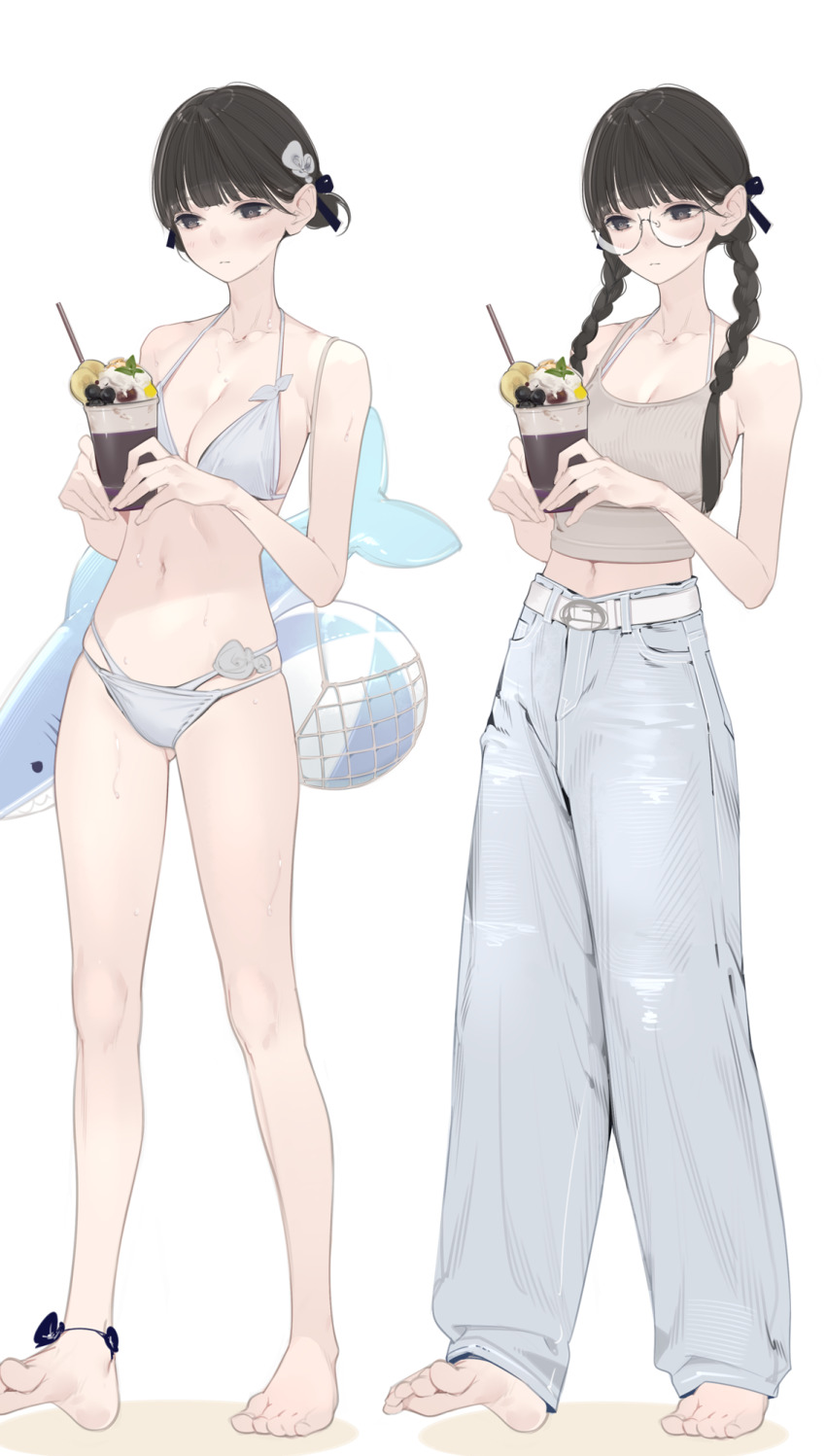 1girl ama_mitsuki ball barefoot beachball belt black_eyes black_hair black_ribbon blue_pants braid breasts camisole cleavage closed_mouth collarbone commentary_request cup disposable_cup full_body glasses grey_camisole hair_ribbon highres holding holding_cup midriff navel original pants ribbon semi-rimless_eyewear simple_background standing stomach stuffed_animal stuffed_shark stuffed_toy twin_braids under-rim_eyewear white_background white_belt