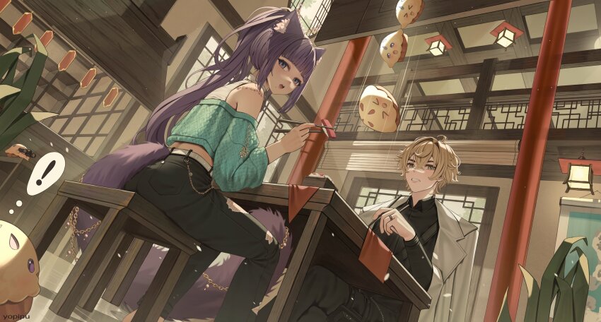 ! 1boy 1girl absurdres animal_ear_fluff animal_ears aqua_cardigan belt black_pants blonde_hair cardigan cat_ears cha_cha_(vtuber) character_request chopsticks commission cropped_cardigan cutiepie_(cha_cha) food grey_eyes highres holding holding_chopsticks indie_virtual_youtuber jewelry long_hair mole mole_under_mouth open_mouth pants purple_hair ring sitting speech_bubble sushi table tail thought_bubble virtual_youtuber white_belt yopipu