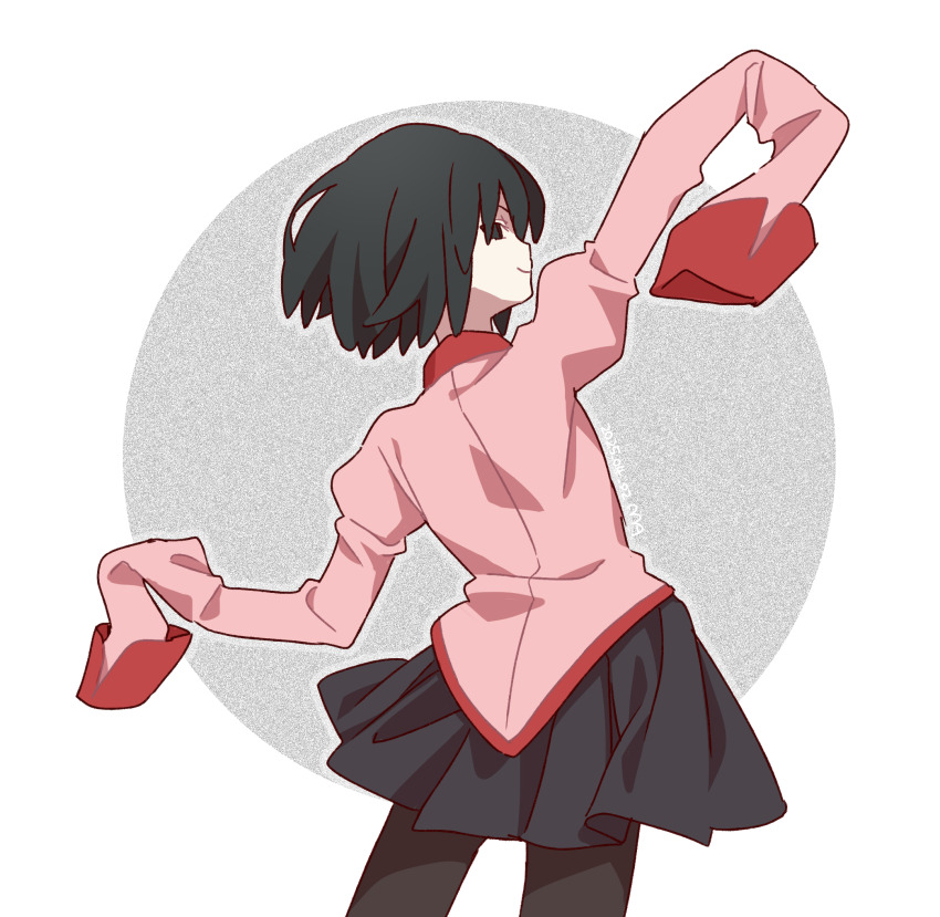 1girl arm_up black_eyes black_hair black_skirt bob_cut closed_mouth commentary_request cowboy_shot empty_eyes from_behind highres long_sleeves looking_at_viewer looking_back manimani_(mani_ma) miniskirt monogatari_(series) oshino_ougi pale_skin pantyhose pink_shirt pleated_skirt profile shirt short_hair simple_background skirt sleeves_past_fingers sleeves_past_wrists smile solo standing very_long_sleeves