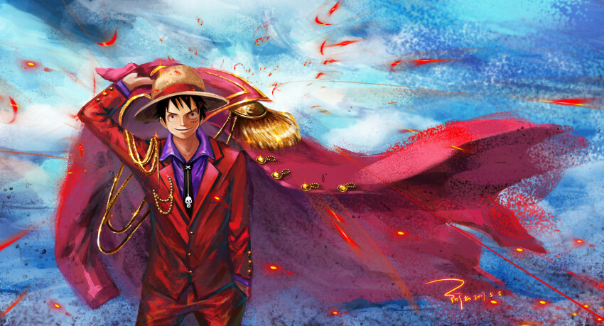 1boy absurdres black_eyes black_hair blue_background chinese_commentary closed_mouth coat commentary_request dated epaulettes facial_scar hand_in_pocket hat highres holding holding_coat holding_unworn_clothes ljjshmhday male_focus monkey_d._luffy one_piece scar scar_on_cheek scar_on_face short_hair smile solo straw_hat unworn_coat