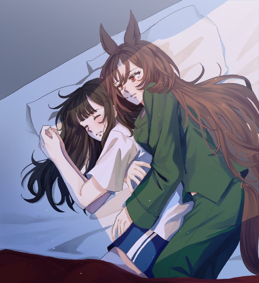 2girls akira_(bujori) animal_ears black_hair blue_shorts blunt_bangs brown_hair brown_tail bujori closed_eyes clothing_cutout commentary female_trainer_(umamusume) green_pajamas green_pants green_shirt highres horse_ears horse_tail hug hug_from_behind long_hair lying multiple_girls oc_x_canon on_bed on_side original pajamas pants pillow red_eyes shared_bed shirt short_sleeves shorts sirius_symboli_(umamusume) sleeping tail tail_through_clothes trainer_(umamusume) umamusume white_shirt yuri