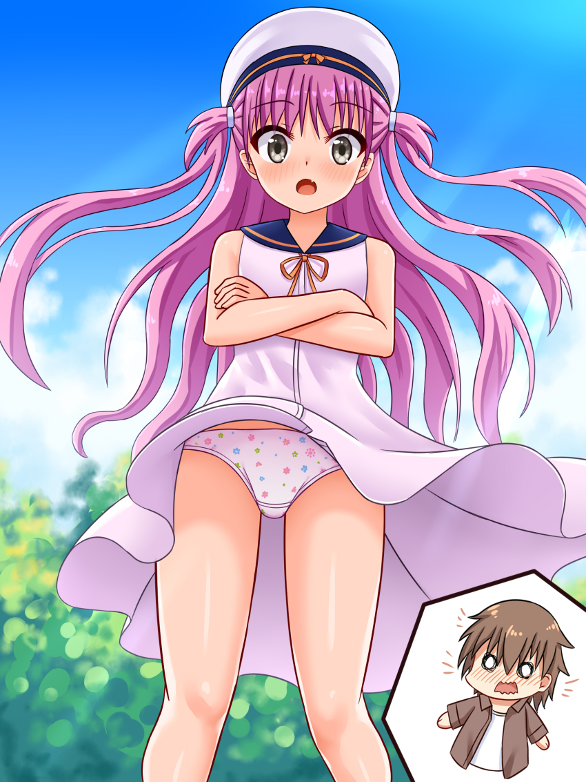 1boy 1girl :o accidental_exposure blue_sailor_collar blue_sky blush brown_hair chibi chibi_inset clothes_lift commentary_request crossed_arms day dress dress_lift embarrassed fang feet_out_of_frame floating_hair floral_print floral_print_panties flower_panties grey_eyes hat hetero highres katou_umi long_hair looking_at_viewer nose_blush o_o open_mouth outdoors panties pantyshot pink_hair print_panties ribbon sailor_collar sailor_dress sailor_hat short_hair skin_fang sky sleeveless sleeveless_dress solo_focus standing straight-on summer_pockets sunlight surprised tamba_i thighs two_side_up underwear very_long_hair wavy_mouth white_dress white_hat white_panties wide-eyed wind wind_lift yellow_ribbon
