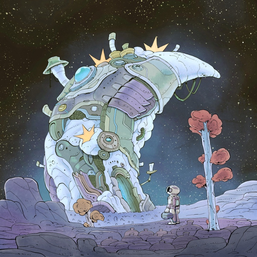 1other absurdly_detailed_composition architecture backpack bag building candle complex_exterior entrance fantasy helmet highres holding long_sleeves migamigami nature original outdoors plant pottery rock round_window sky solo spacesuit star_(sky) starry_sky tree window