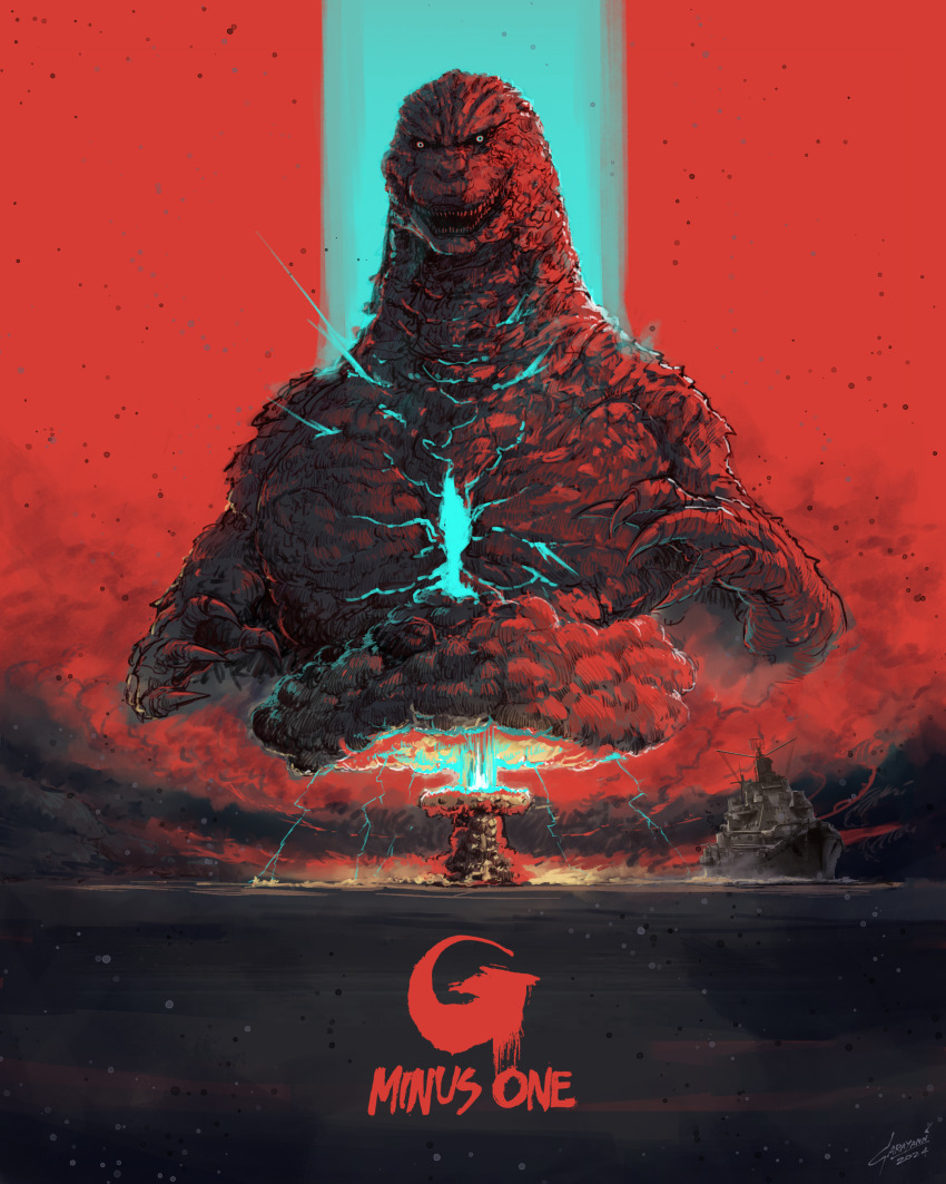 absurdres bikini_atoll blue_eyes claws crossroads_baker dinosaur electricity energy english_text explosion garayann giant giant_monster gilda_(nuclear_bomb) glowing glowing_eyes godzilla godzilla_(series) godzilla_minus_one helen_of_bikini_(nuclear_bomb) highres island kaiju lightning looking_at_viewer marshall_islands military monster mushroom_cloud nuclear_explosion nuclear_weapon ocean open_mouth operation_crossroads sea_monster sharp_teeth ship signature spikes symbolism teeth toho water watercraft weapon_of_mass_destruction