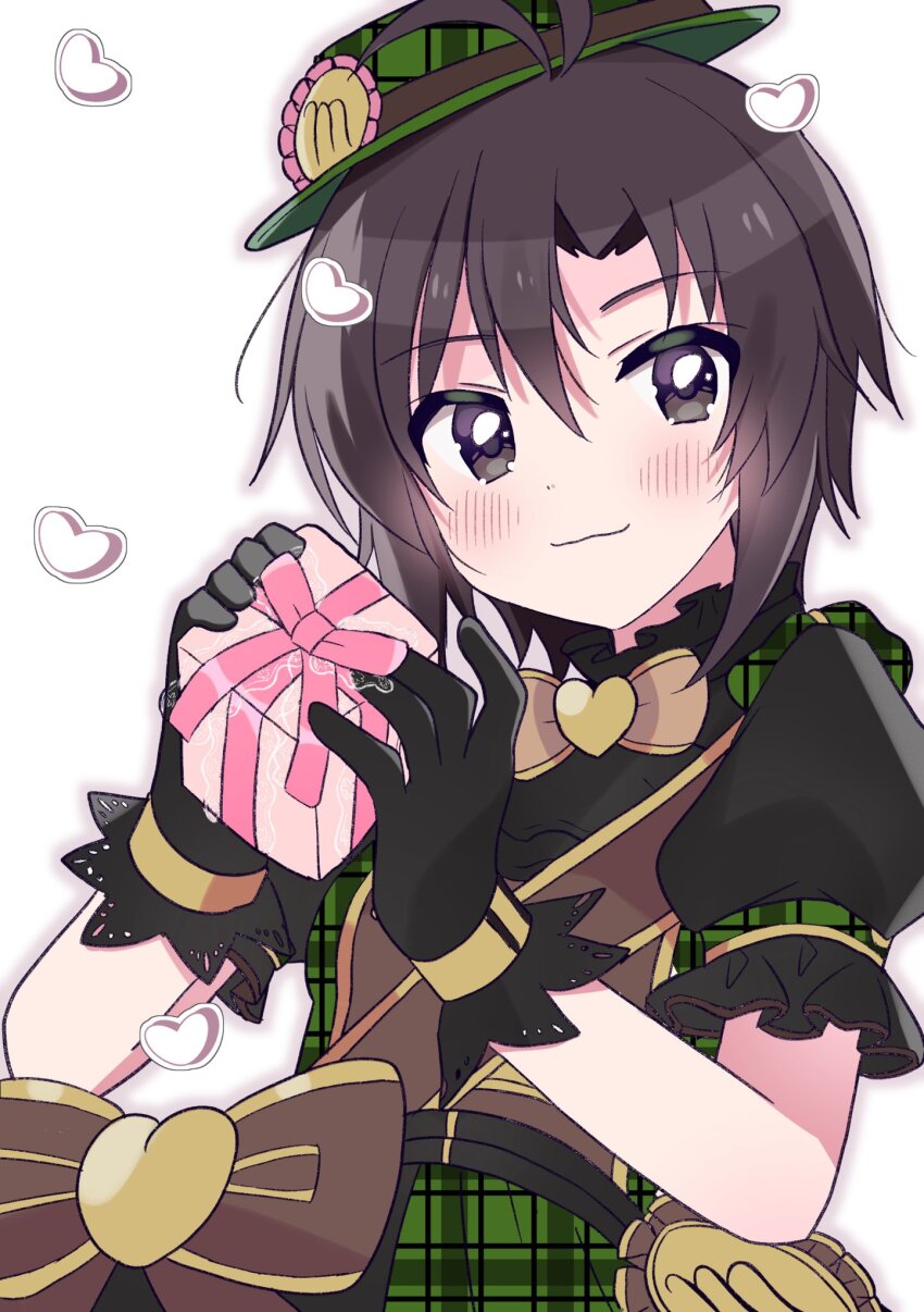 1girl antenna_hair black_eyes black_gloves black_hair blush bow bowtie box brown_bow closed_mouth commentary dress dress_bow gift gift_box gloves green_dress green_hat hands_up hat heart highres holding holding_gift idolmaster idolmaster_(classic) kikuchi_makoto plaid_clothes plaid_dress plaid_hat puffy_short_sleeves puffy_sleeves short_hair short_sleeves simple_background solo suyuri_oekaki symbol-only_commentary upper_body valentine white_background