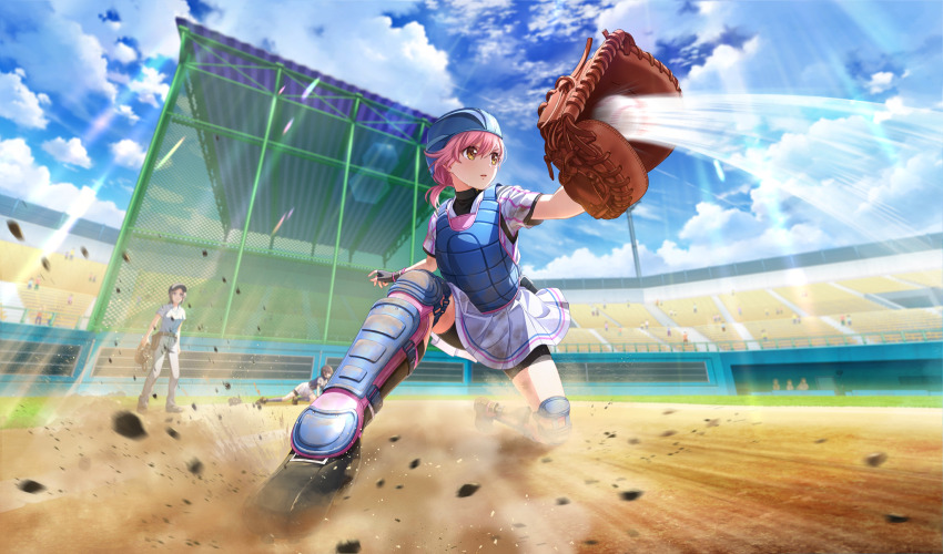 3girls ball baseball baseball_(object) baseball_glove baseball_helmet baseball_stadium baseball_uniform belt belt_pouch bike_shorts_under_skirt black_belt black_footwear black_gloves black_pouch black_shorts black_socks black_undershirt blue_shirt blurry catcher&#039;s_mask catcher_(baseball) catching chest_protector cinderella_series cloud depth_of_field dust_cloud fingerless_gloves full_body game_cg gloves grey_pants hachigatsu_no_cinderella_nine helmet highres lens_flare looking_ahead low_twintails medium_hair motion_blur motion_lines multiple_girls non-web_source official_art on_one_knee outdoors pants pink_hair playing_sports pleated_skirt pouch sakurada_chiyo satogahama_baseball_uniform shin_guards shirt shirt_under_shirt short_sleeves shorts skirt sky socks solo_focus speed_lines sportswear standing striped_clothes striped_shirt sweat twintails umpire v-shaped_eyebrows vertical-striped_clothes vertical-striped_shirt wristband yellow_eyes