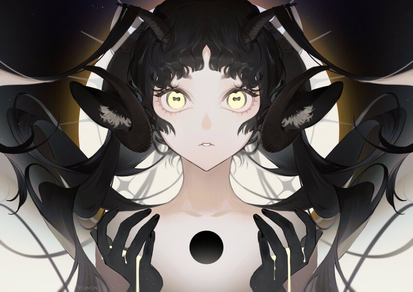 1girl absurdres arthropod_girl artist_name black_hair black_nails blunt_bangs collarbone colored_extremities expressionless eyelashes fingernails floating_hair full_moon highres insect_girl looking_at_viewer moon moth_antennae moth_girl open_hands original parted_lips solo upper_body yellow_eyes yoimon