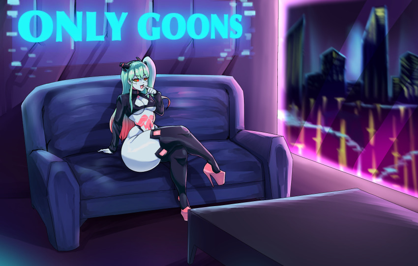 1girl absurdres alternate_costume alternate_hairstyle ass boots breasts casting_couch cleavage colored_sclera couch cyberpunk_(series) cyberpunk_edgerunners gradient_hair green_eyes green_hair high_heel_boots high_heels highres huge_ass long_hair long_sleeves multicolored_hair narrow_waist navel pale_skin pink_hair rebecca_(cyberpunk) red_sclera shrug_(clothing) side_ponytail small_breasts smile solo stomach sunglasses tattoo thecon thick_thighs thighs thong