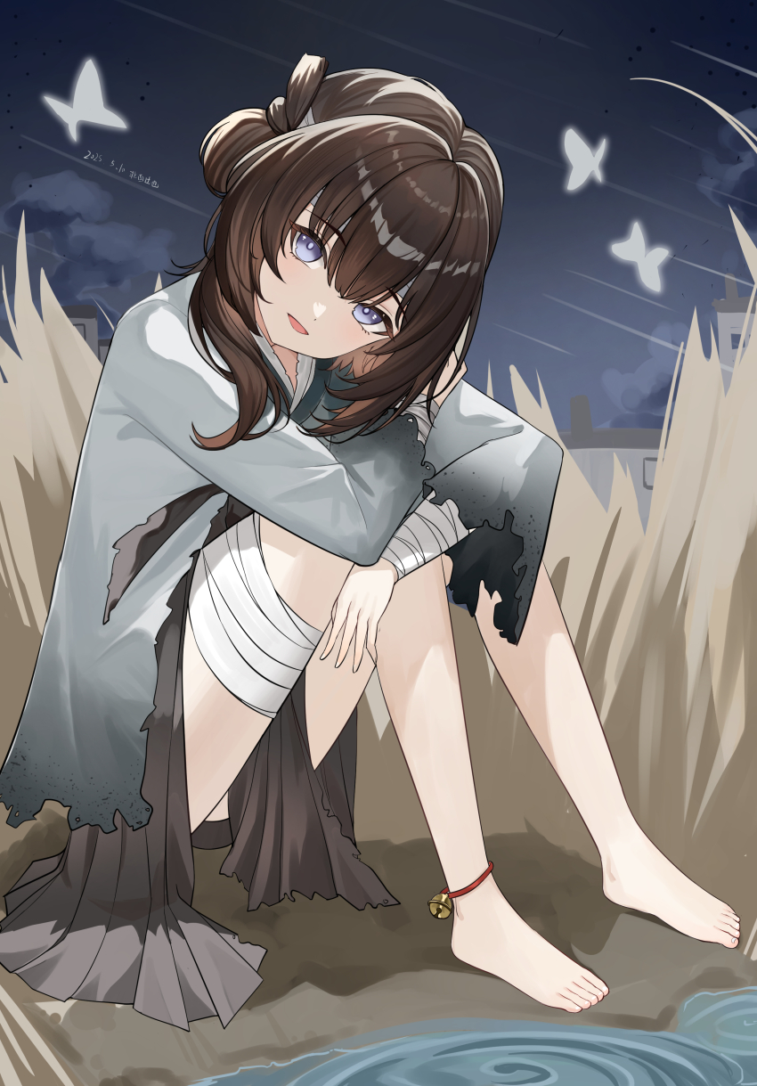 1girl absurdres anklet bandaged_arm bandaged_leg bandages barefoot bell blue_eyes brown_hair bug butterfly feet full_body grey_eyes grey_shirt head_tilt highres insect jewelry knees_up lao_xi long_hair long_sleeves looking_at_viewer mansui_(the_hungry_lamb) night open_mouth purple_eyes shirt shuangyaji sitting skirt smile solo the_hungry_lamb:_traveling_in_the_late_ming_dynasty toes torn_clothes water