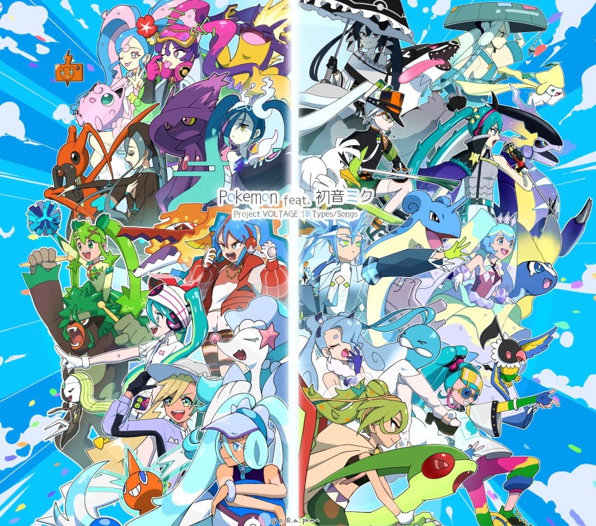 6+girls beanie blue_eyes blue_hair bug_miku_(project_voltage) chibi closed_eyes dark_miku_(project_voltage) double_bun dragon_miku_(project_voltage) dress electric_miku_(project_voltage) fairy_miku_(project_voltage) fighting_miku_(project_voltage) fire_miku_(project_voltage) flower flying_miku_(project_voltage) ghost_miku_(project_voltage) goggles goggles_on_head gradient_hair grass_miku_(project_voltage) green_hair grey_hair ground_miku_(project_voltage) hair_bun hair_flower hair_ornament hat hatsune_miku highres ice_hair ice_miku_(project_voltage) liquid_hair multicolored_hair multiple_girls nintendo normal_miku_(project_voltage) p_0_a pink_hair poison_miku_(project_voltage) pokemon project_voltage psychic_miku_(project_voltage) purple_hair rock_miku_(project_voltage) smile spiked_hair steel_miku_(project_voltage) streaked_hair sunglasses tiara twintails vocaloid water_miku_(project_voltage) white_hair