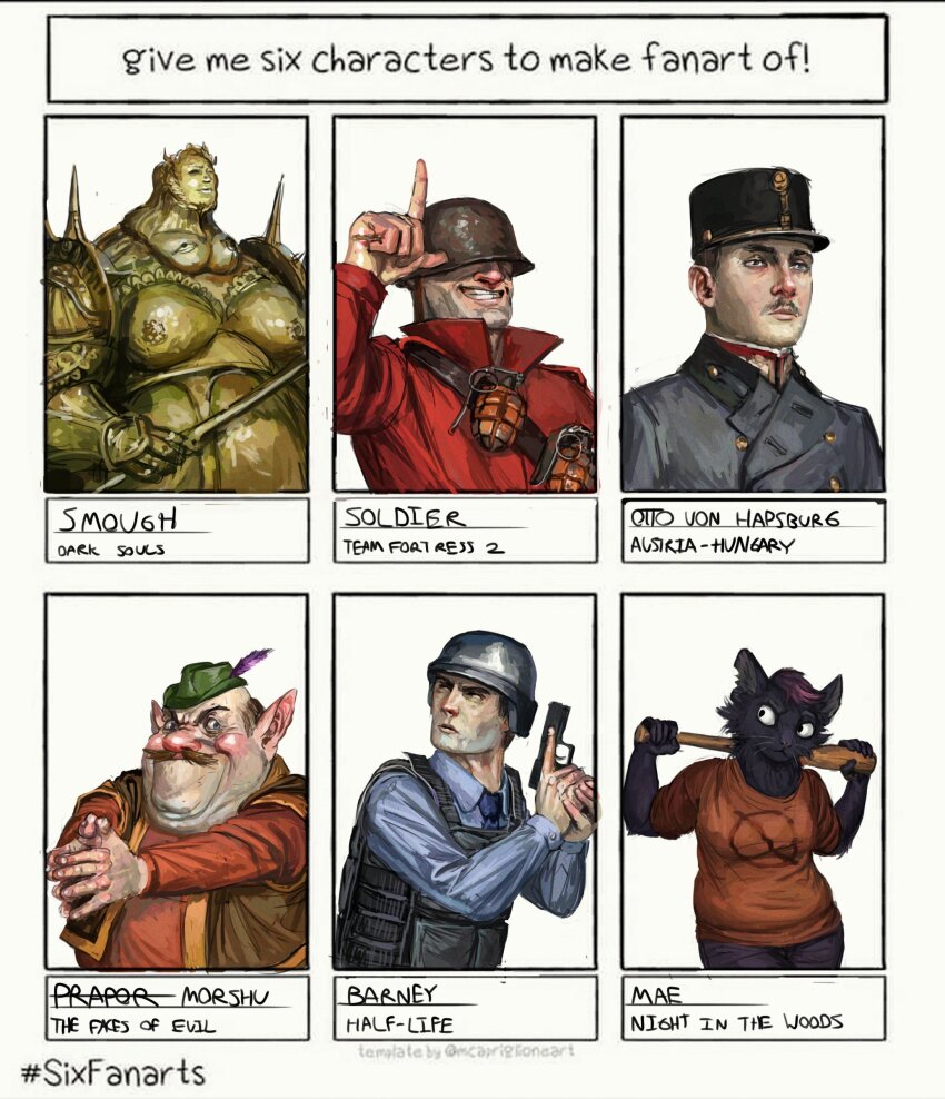 1girl 5boys absurdres armor barney_calhoun baseball_bat bulletproof_vest coat combat_helmet dark_souls_(series) executioner_smough full_armor glock gun half-life half-life_(series) half-life_1 handgun helmet highres holding holding_baseball_bat l_hand link:_the_faces_of_evil m1_helmet mae_borowski morshu multiple_boys multiple_drawing_challenge night_in_the_woods nintendo otto_von_hapsburg real_life red_coat six_fanarts_challenge soldier_(tf2) the_legend_of_zelda the_legend_of_zelda_(cd-i) trench_coat trigger_discipline weapon whaleoil