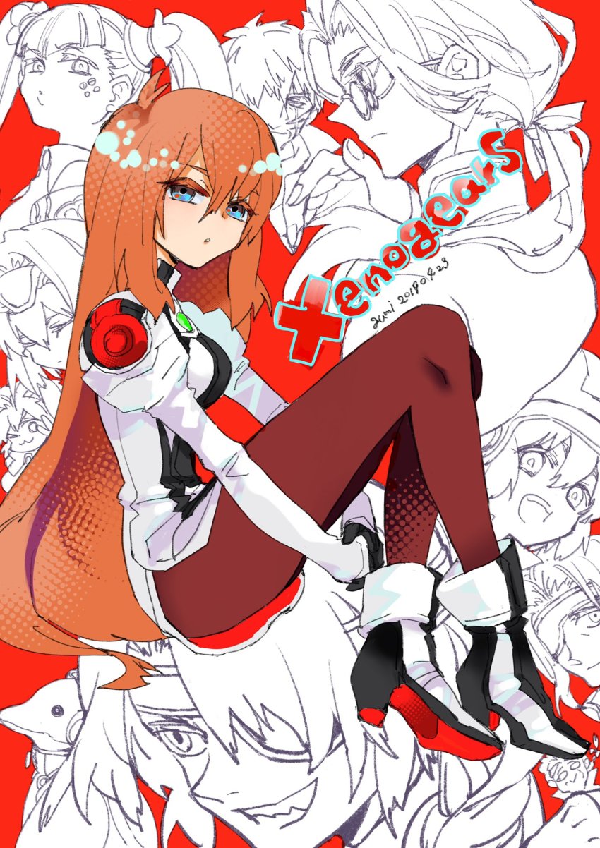 bartholomew_fatima blue_eyes breasts citan_uzuki closed_mouth elhaym_van_houten gloves highres jessiah_black kawakimon kelvena_(xenogears) long_hair looking_at_viewer marguerite_fatima monochrome multiple_boys multiple_girls open_mouth orange_hair pantyhose seraphita_(xenogears) short_hair sigurd_harcourt simple_background smile tolone_(xenogears) uniform xenogears