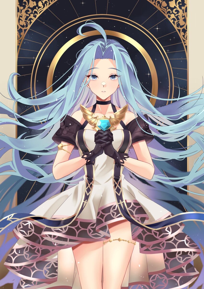 1girl ahoge black_gloves blank_eyes blue_eyes blue_hair dress gloves granblue_fantasy granblue_fantasy:_relink highres interlocked_fingers jewelry long_hair lyria_(granblue_fantasy) meisaki off-shoulder_dress off_shoulder own_hands_clasped own_hands_together solo thigh_strap very_long_hair
