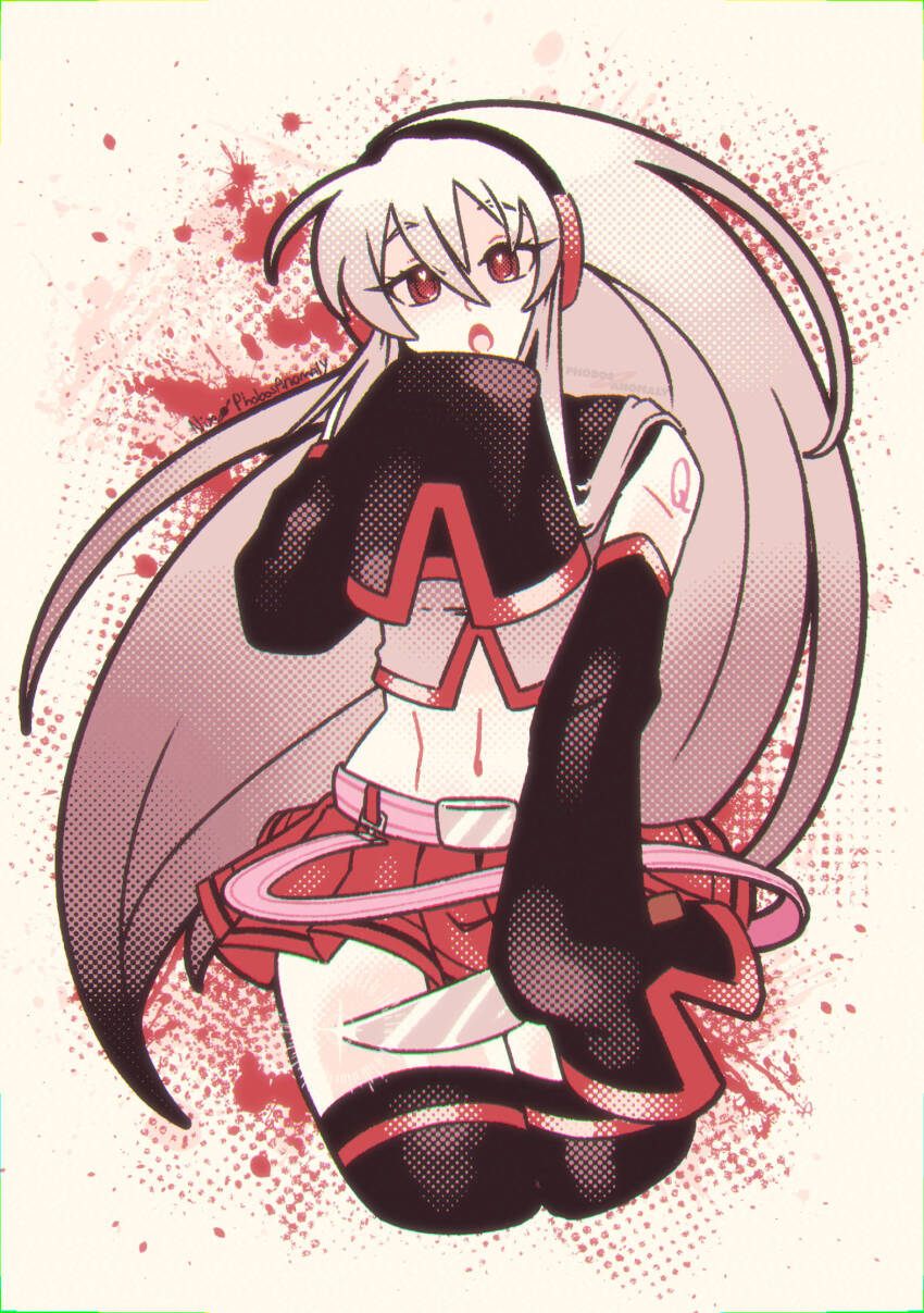 1girl arm_tattoo belt black_sailor_collar black_sleeves black_thighhighs cropped_legs halftone hand_up headphones highres holding holding_knife knife long_hair looking_at_viewer midriff navel open_mouth phobos-anomaly pink_belt pleated_skirt red_eyes red_skirt red_trim sailor_collar skirt sleeves_past_fingers sleeves_past_wrists solo sukone_tei tattoo thighhighs utau very_long_hair white_background white_hair wide_sleeves
