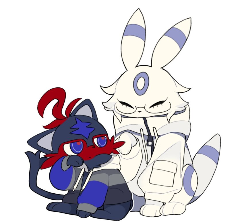2boys ahoge animal_ears aotsuki_eito blue_eyes blue_fur blue_jacket cat cat_boy cat_ears cat_tail closed_eyes crossover gen_2_pokemon gen_7_pokemon glasses grey_jacket jacket litten long_sleeves male_focus multicolored_eyes multicolored_fur multicolored_jacket multiple_boys nintendo pnjiy4146271096 pokemon pokemon_(creature) red_eyes red_fur simple_background sitting sumino_takumi tail the_hundred_line_-last_defense_academy- umbreon white_background white_fur white_jacket zipper zipper_pull_tab