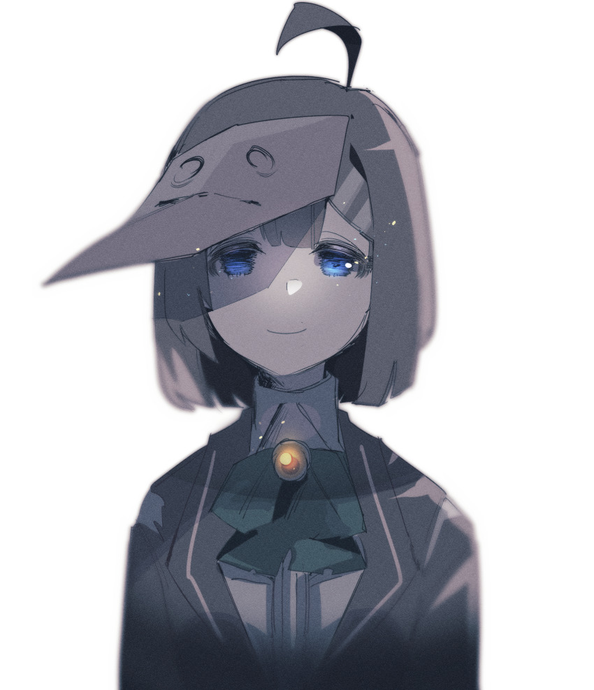 1girl blue_eyes bow bowtie brooch brown_coat brown_hair closed_mouth coat collared_shirt gem green_bow green_bowtie hair_ornament hairclip highres hod_(project_moon) jewelry library_of_ruina looking_at_viewer madotsuki_ren paper_on_head project_moon shirt short_hair simple_background smile solo today&#039;s_shy_look white_background white_shirt yellow_gemstone