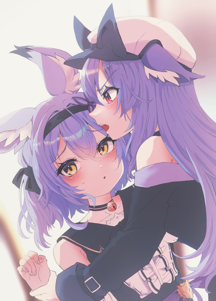 2girls :o absurdres animal_ear_fluff animal_ears bare_shoulders bell black_choker black_hairband blurry blush bow breasts center_frills choker collar collarbone dress fox_ears fox_girl frills hair_between_eyes hair_ornament hair_ribbon hairband hat headband highres hmmmmmmburn holding_another&#039;s_wrist kikyo_(vrchat) long_hair long_sleeves looking_at_another looking_at_viewer medium_hair multiple_girls neck_bell open_mouth purple_hair red_eyes ribbon short_hair sleeveless small_breasts sweat sweatdrop twintails upper_body vrchat yellow_eyes yuri yuuko-zoku_no_onee-chan
