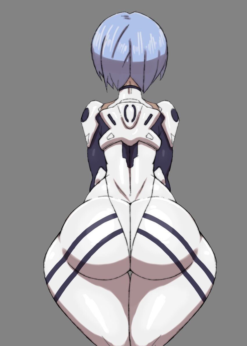 1girl adapted_costume ass ass_focus ayanami_rei back blue_hair bodysuit butt_crack curvy grey_background highres huge_ass impossible_bodysuit impossible_clothes legs_together mecha_pilot_suit n00b0d1 neon_genesis_evangelion plugsuit_(evangelion) plump shiny_clothes short_hair simple_background skin_tight skindentation solo standing steaming_body thick_thighs thighs white_bodysuit wide_hips