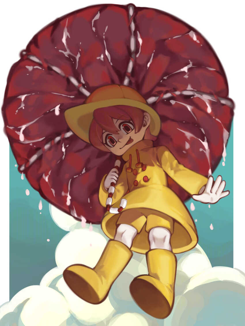 1girl blue_background boots border cloud cloudy_sky drawstring from_below full_body hat highres holding holding_umbrella hungern_(skullgirls) i3corel looking_at_viewer looking_down monster pink_eyes pink_hair raincoat saliva shorts skullgirls sky smile solo tongue tongue_out umbrella umbrella_(skullgirls) white_border