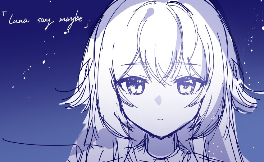 1girl blue_background double-parted_bangs gakuen_idolmaster gradient_background greyscale_with_colored_background hashtag-only_commentary highres idolmaster light_particles long_hair long_sleeves looking_at_viewer parted_lips portrait sketch solo song_name starringooo tsukimura_temari