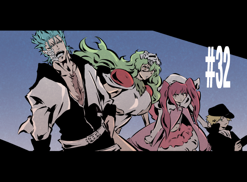2boys 2girls arrancar artist_request bleach bleach:_sennen_kessen-hen blonde_hair breasts dokugamine_riruka green_hair grimmjow_jaegerjaquez highres large_breasts long_hair multiple_boys multiple_girls navel nelliel_tu_odelschwanck red_hair
