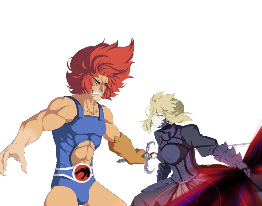 1boy 1girl armor armored_dress artoria_pendragon_(fate) battle black_armor black_dress blonde_hair braid commentary crossover dark_persona dress english_commentary excalibur_morgan_(fate) eye_of_thundera fate/hollow_ataraxia fate/stay_night fate/unlimited_codes fate_(series) fighting french_braid gauntlet_of_omens gauntlets grin hair_bun hair_ribbon heaven&#039;s_feel highres holding holding_sword holding_weapon leeloo_dallas lion-o red_hair ribbon saber_alter short_hair single_hair_bun smile sword sword_of_omens thundercats weapon white_background yellow_eyes