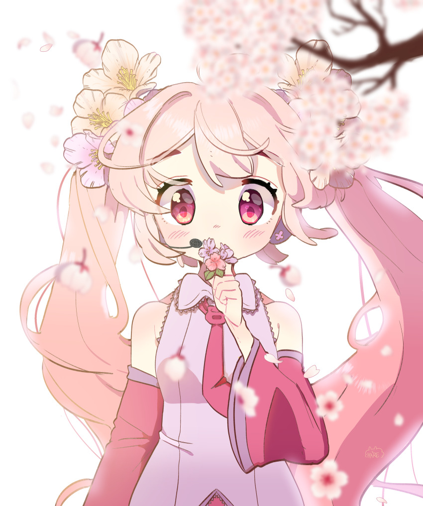 1girl absurdres branch cherry_blossoms collared_shirt covered_mouth detached_sleeves eyelashes flower grey_shirt hair_flower hair_ornament hareeangkki hatsune_miku headset highres holding holding_flower long_hair necktie pink_hair pink_necktie sakura_miku shirt solo spring_(season) twintails vocaloid white_background