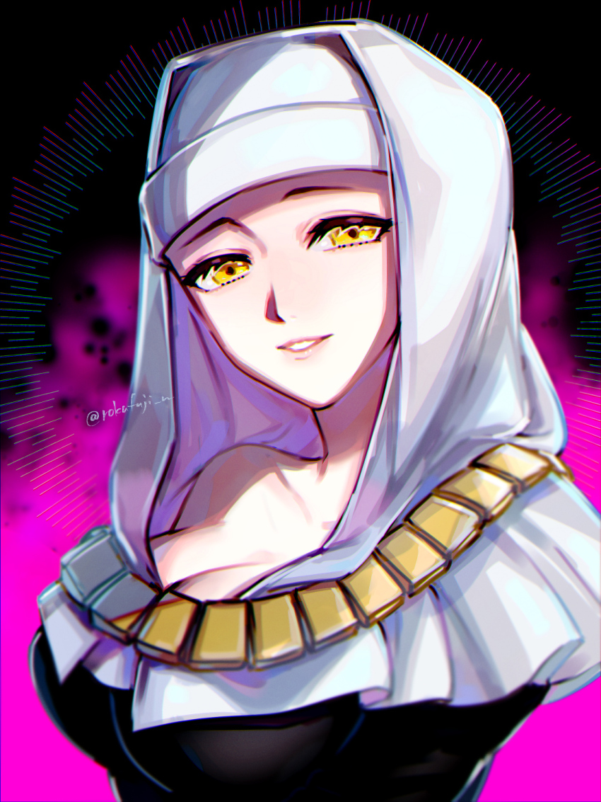 1girl black_dress breasts buddhist_nun dress fate/grand_order fate_(series) gold_necklace highres jewelry large_breasts looking_at_viewer necklace nun rokufuji_m sessyoin_kiara shikidouji solo yellow_eyes