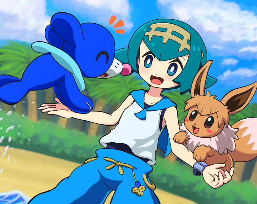1girl :d aqua_hair blue_eyes blue_pants blurry blurry_background bracelet bright_pupils bush cloud commentary_request day eevee gen_1_pokemon gen_7_pokemon hairband happy jewelry lana_(pokemon) nintendo no_sclera notice_lines open_mouth outdoors pants pokemon pokemon_(anime) pokemon_(creature) pokemon_on_arm pokemon_sm_(anime) popplio sand shirt short_hair sky sleeveless sleeveless_shirt smile swimsuit swimsuit_under_clothes takamame tongue tree water white_pupils white_shirt yellow_hairband