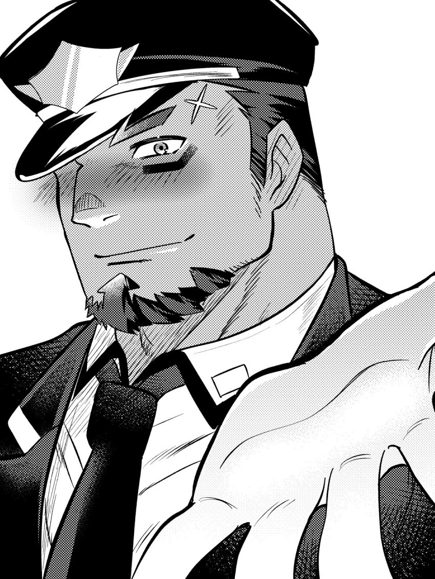 1boy bara beckoning blush dark-skinned_male dark_skin facial_hair foreshortening goatee hat_over_one_eye highres live_a_hero looking_at_viewer male_focus medium_sideburns muscular muscular_male necktie satou_shouhei scar scar_on_face scar_on_forehead shaft_(live_a_hero) short_hair sideburns_stubble solo stubble thick_eyebrows upper_body