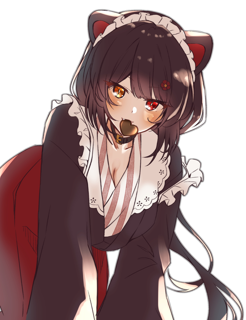 1girl all_fours animal_ears black_collar blush breasts bright_pupils brown_hair brown_kimono candy chocolate chocolate_heart cleavage collar commentary_request dog_ears feet_out_of_frame flower food food_in_mouth frilled_straps frills hair_flower hair_ornament heart heart-shaped_food heterochromia highres inui_toko inui_toko_(1st_costume) japanese_clothes kimono large_breasts long_hair long_skirt long_sleeves looking_at_viewer maid_headdress mouth_hold nijisanji open_clothes open_kimono red_eyes red_kimono red_skirt shigure_(sigre) simple_background skirt slit_pupils solo strap_slip striped_clothes striped_kimono vertical-striped_clothes vertical-striped_kimono very_long_hair virtual_youtuber white_background white_headdress white_kimono white_pupils yellow_eyes