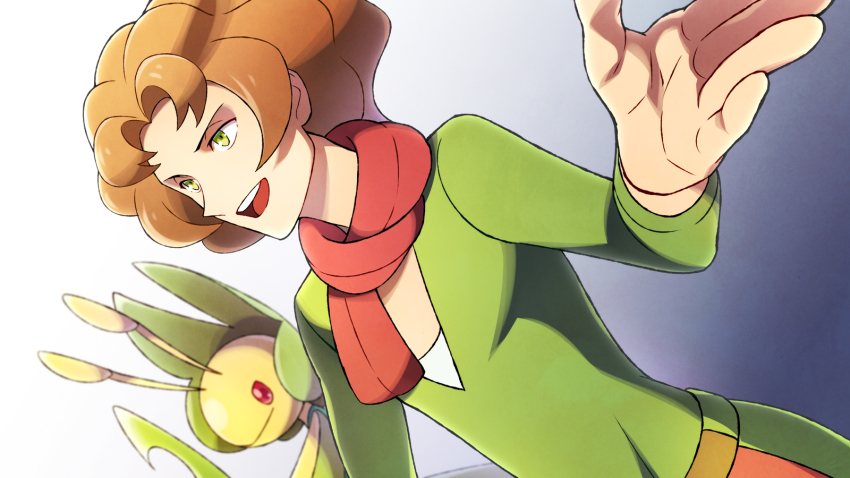 1boy burgh_(pokemon) commentary_request creatures_(company) game_freak gen_5_pokemon green_eyes green_shirt gym_leader hand_up highres leavanny light_brown_hair male_focus momoji_(lobolobo2010) nintendo open_mouth pants parted_bangs pokemon pokemon_(creature) pokemon_bw scarf shirt smile teeth tongue