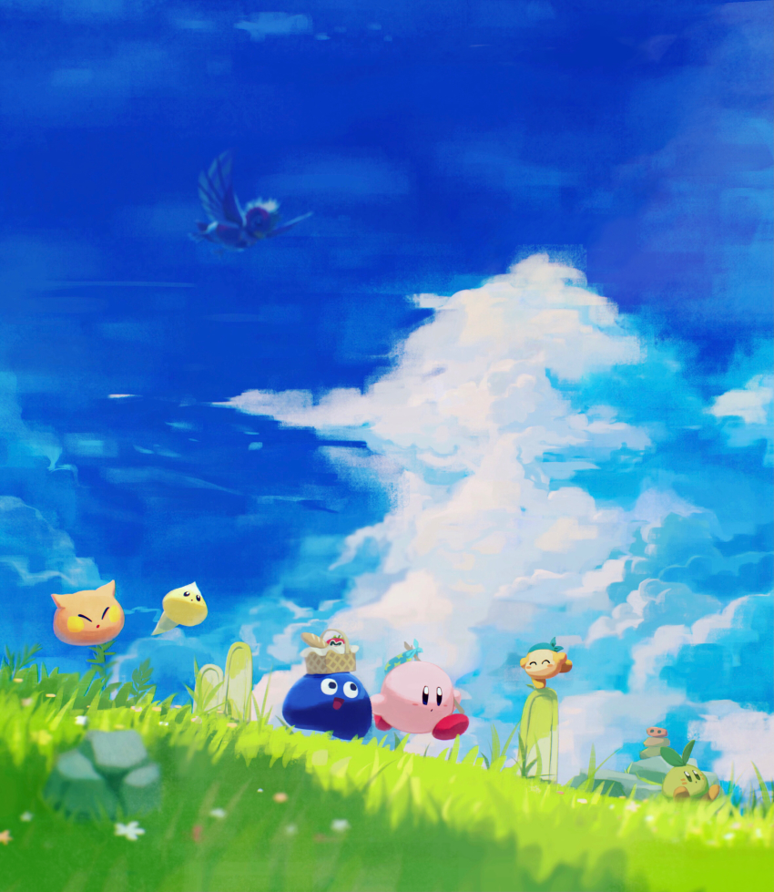 absurdres banana bandana bandana_waddle_dee basket beanbon blue_bandana bug butterfly cairn cappy_(kirby) chip_(kirby) closed_eyes cloud cloudy_sky dyna_blade floating flower food fruit gooey_(kirby) grass grasslands happy hataraku_ufo highres insect jobski kirby kirby_(series) leaf maxim_tomato mushroom nintendo open_mouth outdoors running scarfy scenery sky smile stone suyasuyabi ufo_(kirby) waddle_dee