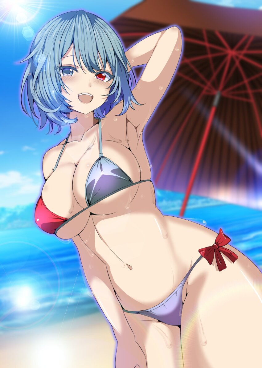 1girl armpits beach bikini blue_eyes blue_hair breasts heterochromia highres karakasa_obake kitaura_kasumi large_breasts looking_at_viewer midriff open_mouth purple_umbrella red_eyes short_hair skindentation smile solo swimsuit tatara_kogasa touhou umbrella