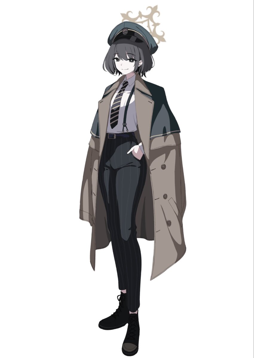 1girl beret black_eyes black_hair black_necktie black_pants black_shoes blue_archive brown_coat closed_mouth coat coat_on_shoulders collared_shirt commentary_request cu_cu_cu diagonal-striped_clothes diagonal-striped_necktie full_body green_hat halo hand_in_pocket hat highres hiromi_(blue_archive) looking_at_viewer necktie pants shirt shoes short_hair simple_background smile solo standing striped_clothes suspenders white_background white_shirt