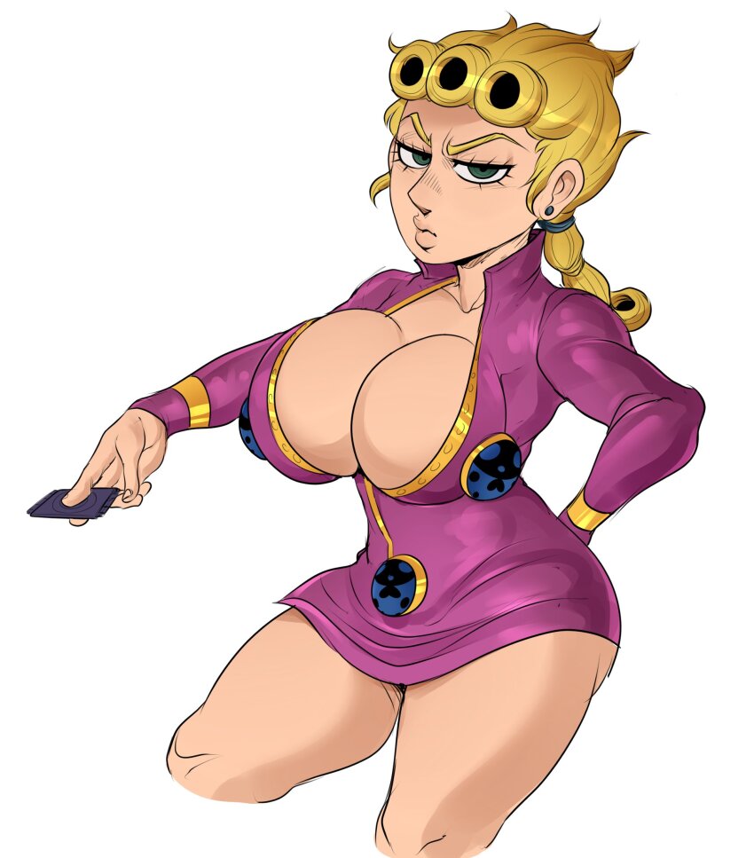 1girl blonde_hair braid breasts bug cleavage_cutout clothing_cutout condom condom_wrapper detnox eyelashes genderswap genderswap_(mtf) giorno_giovanna green_eyes hand_on_own_hip highres holding holding_condom insect jacket jojo_no_kimyou_na_bouken ladybug large_breasts looking_at_viewer pink_jacket standing thick_thighs thighs vento_aureo wide_hips