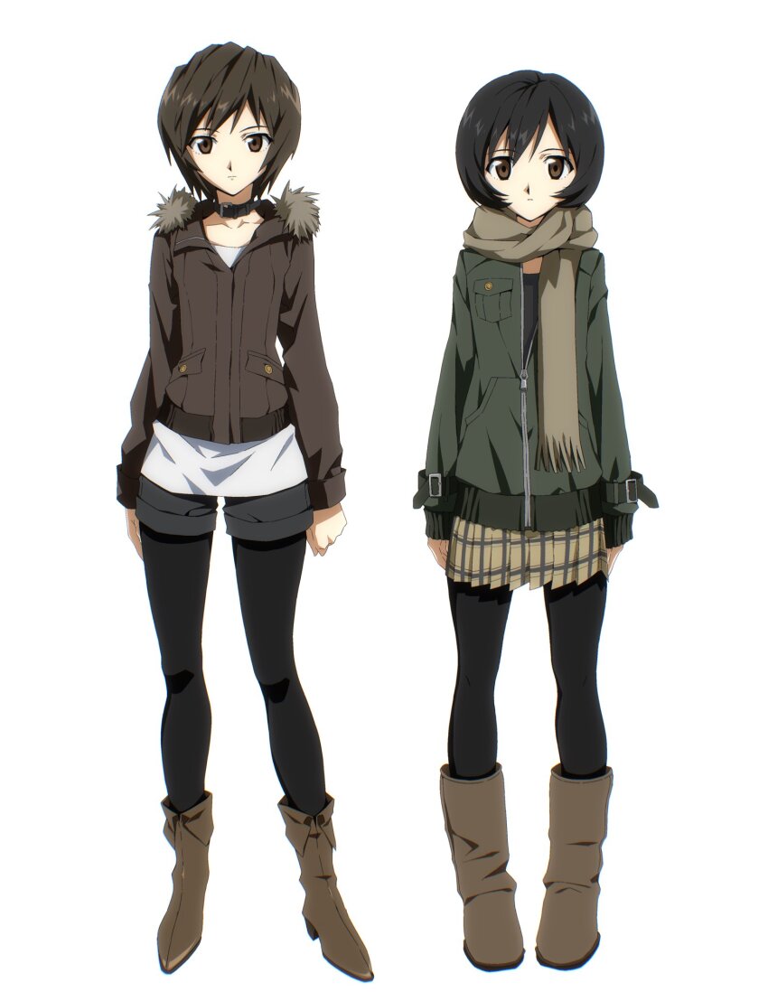 2girls belt_collar black_hair black_pantyhose black_shirt black_shorts boots breast_pocket brown_boots brown_eyes brown_hair brown_jacket brown_scarf closed_mouth collar fur-trimmed_jacket fur_trim green_jacket hashtag-only_commentary highres jacket long_sleeves looking_at_viewer miko_heb multiple_girls original pantyhose partially_unzipped plaid_clothes plaid_skirt pleated_skirt pocket scarf shirt short_hair shorts side-by-side simple_background skirt standing straight-on white_background white_shirt wrist_belt yellow_skirt