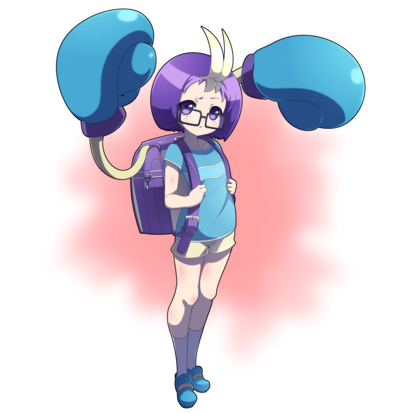 1girl backpack bag black-framed_eyewear blue_shirt body_blush collarbone commentary_request crabrawler full_body gen_7_pokemon glasses highres holding_strap knees mechanical_arms nintendo personification pokemon purple_bag purple_eyes purple_hair rectangular_eyewear shimaumayamada shirt shoes short_hair short_shorts short_sleeves shorts socks solo standing t-shirt white_socks yellow_shorts