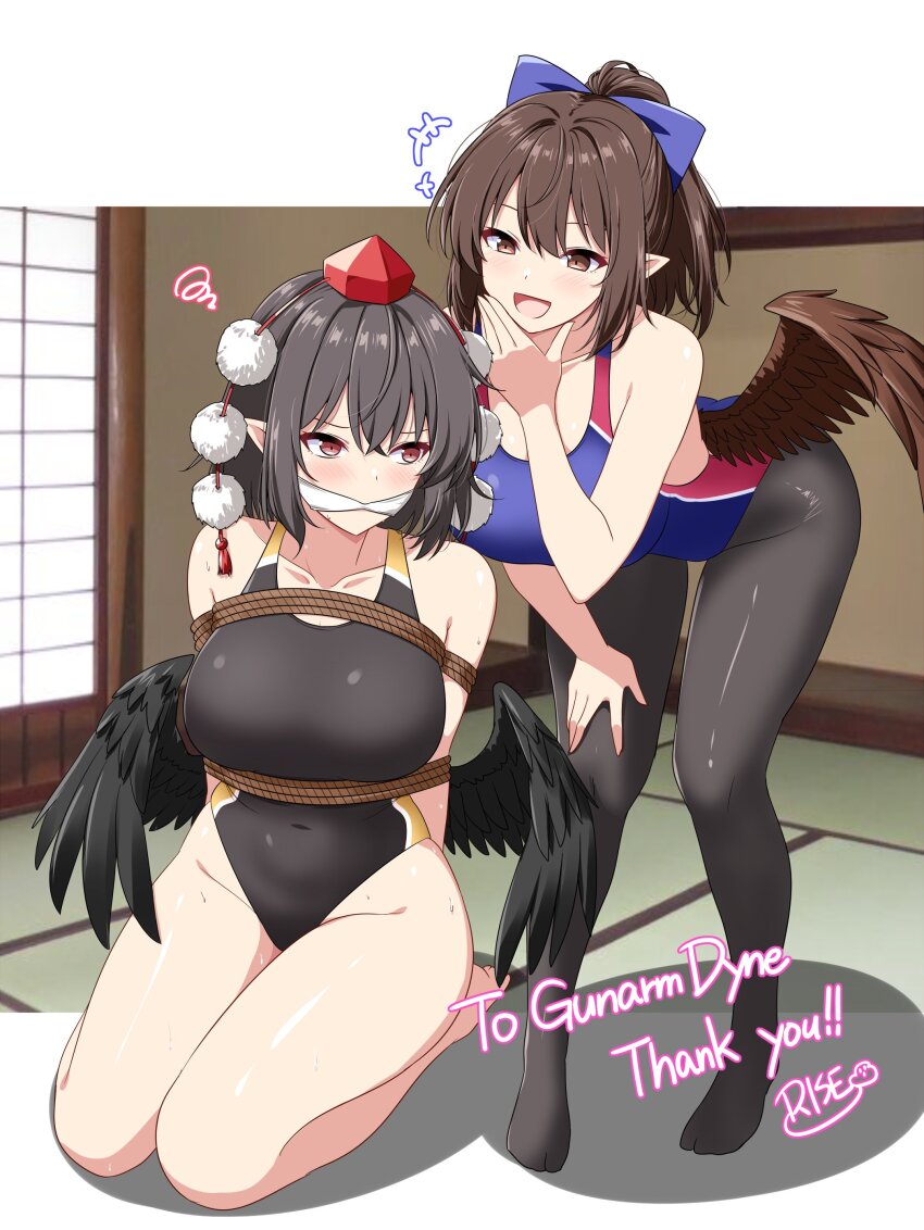 2girls absurdres bdsm black_pantyhose bondage bound breasts brown_hair commission feathered_wings gag hat highres kidnapped multiple_girls one-piece_swimsuit pantyhose red_eyes red_hat rise_(rise19851203) shameimaru_aya short_hair skeb_commission smile swimsuit touhou wings yuri